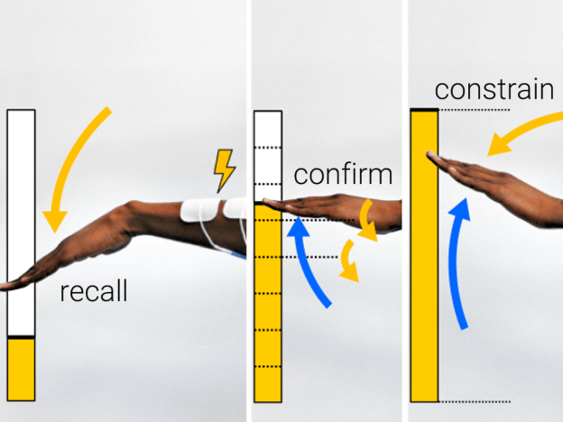 Muscle stimulation improving embodied device input